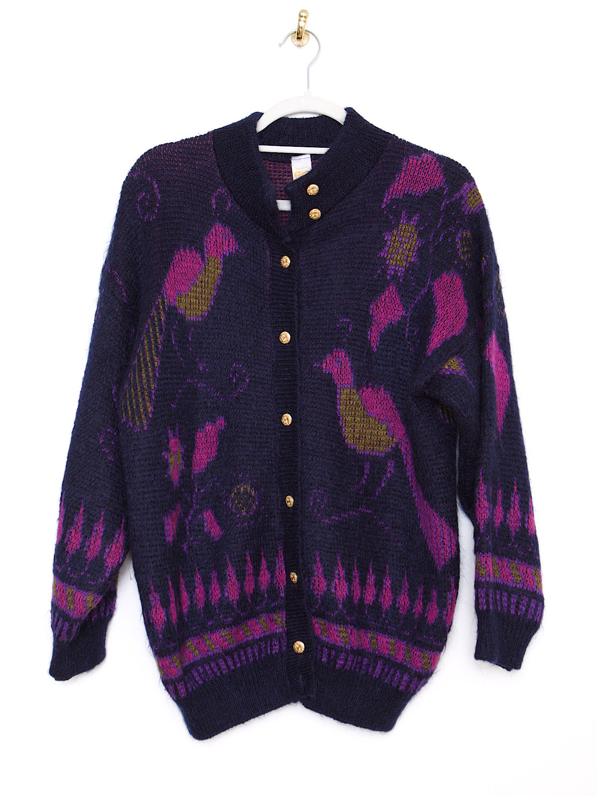 Vintage cardigan wool mohair with large colourful birds