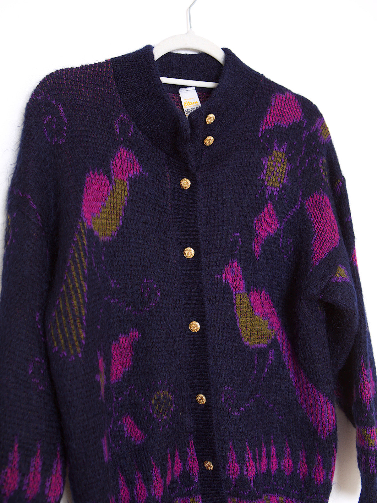 Vintage cardigan wool mohair with large colourful birds