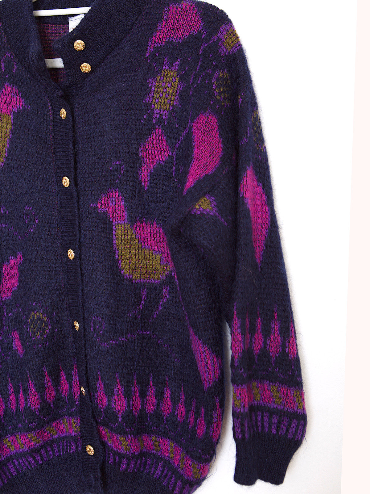 Vintage cardigan wool mohair with large colourful birds