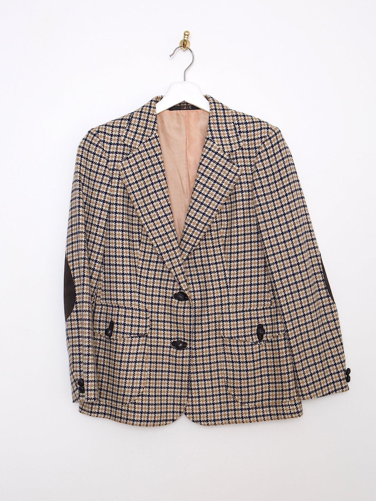 Vintage dogtooth beige cashmere blazer with elbow patches