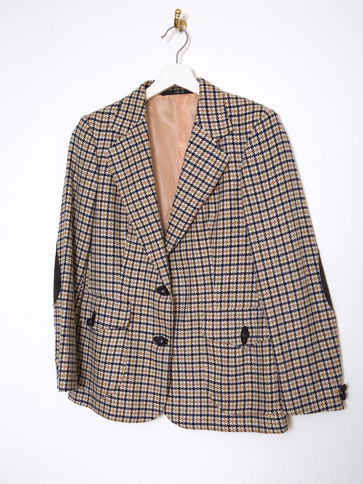 Vintage dogtooth beige cashmere blazer with elbow patches