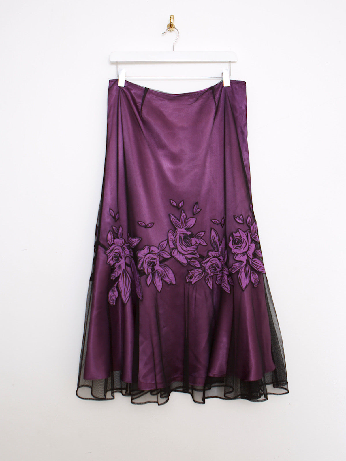 Y2K godet skirt embroidered mesh and satin