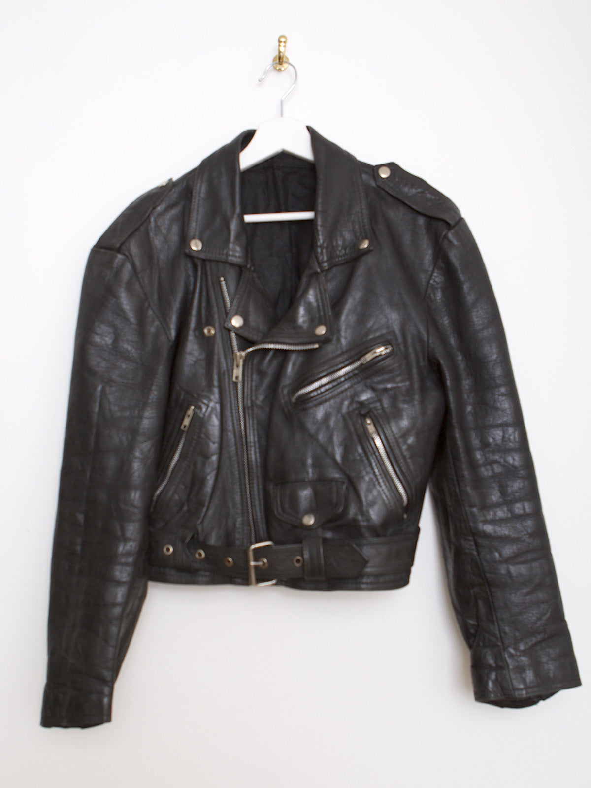 80s vintage biker jacket black leather silver zips