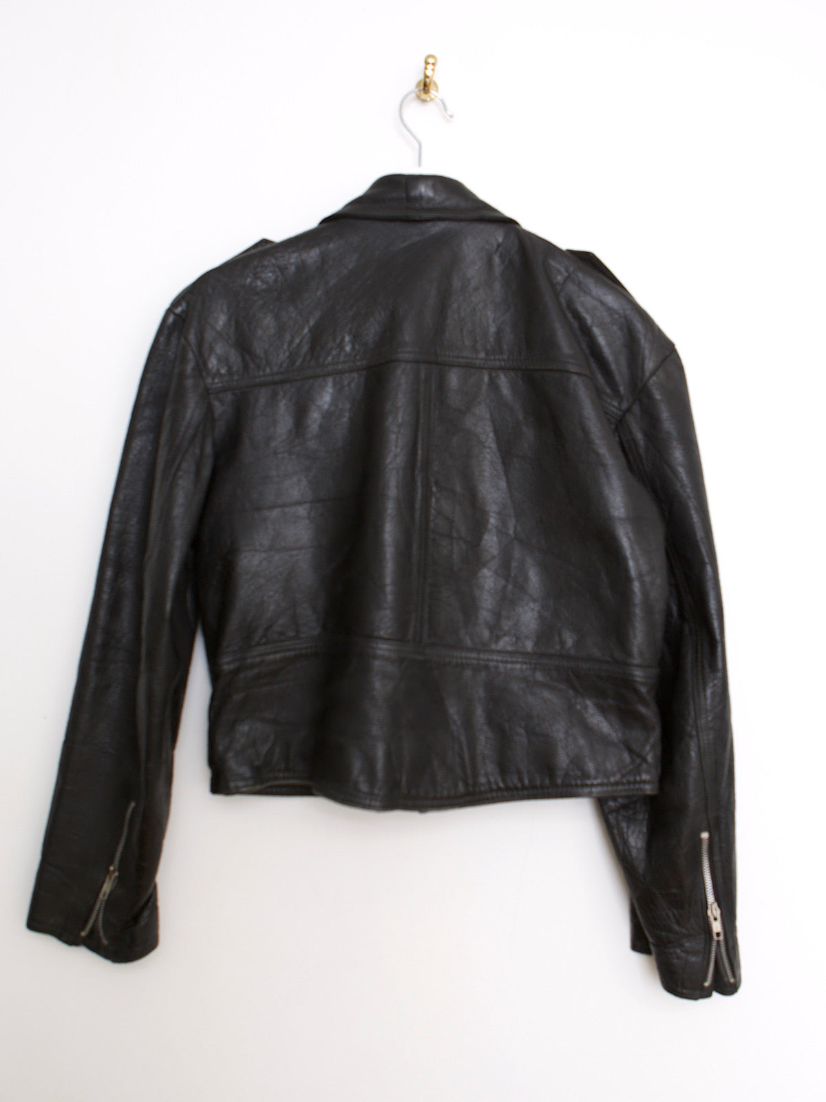 80s vintage biker jacket black leather silver zips