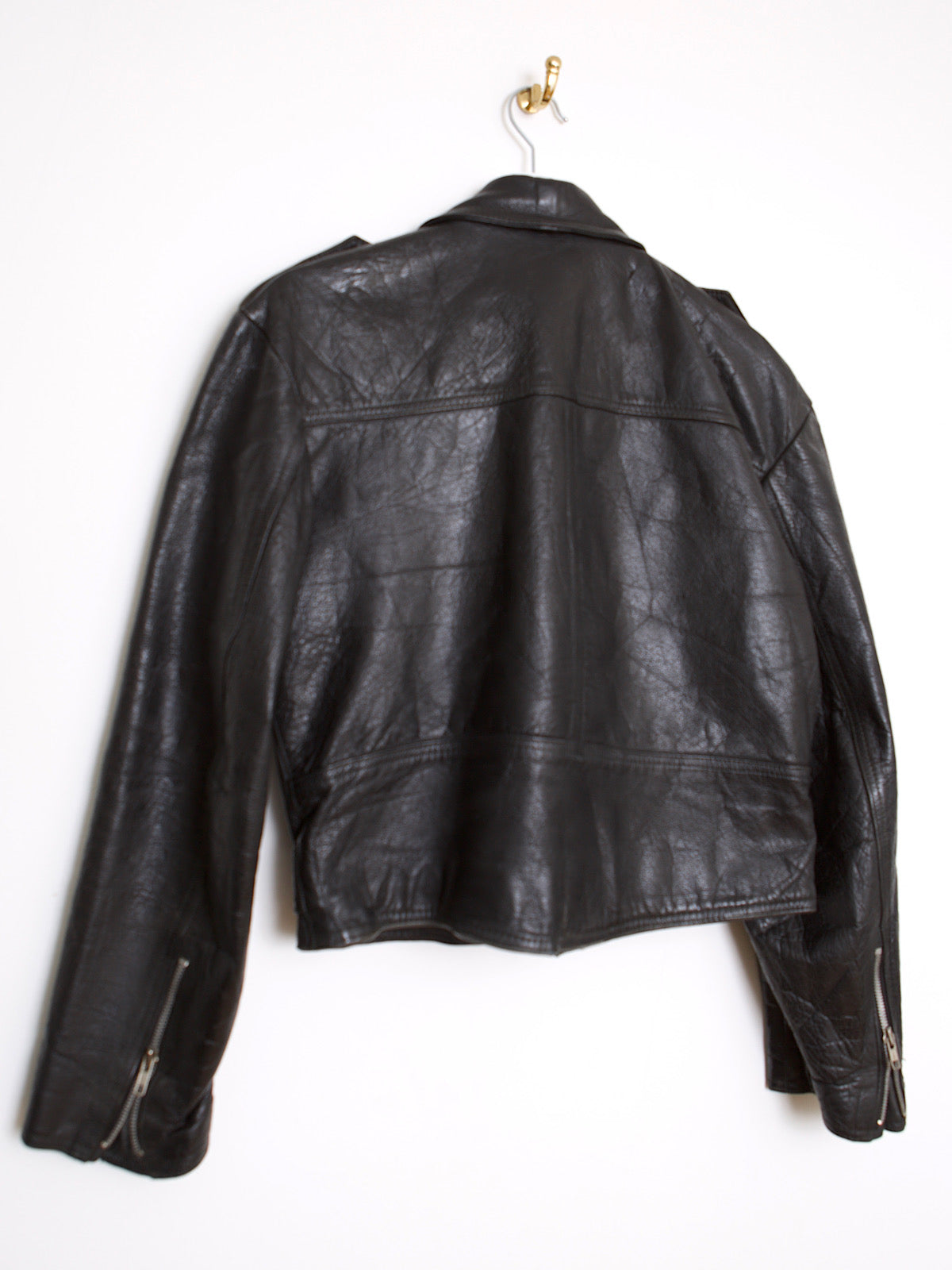 80s vintage biker jacket black leather silver zips