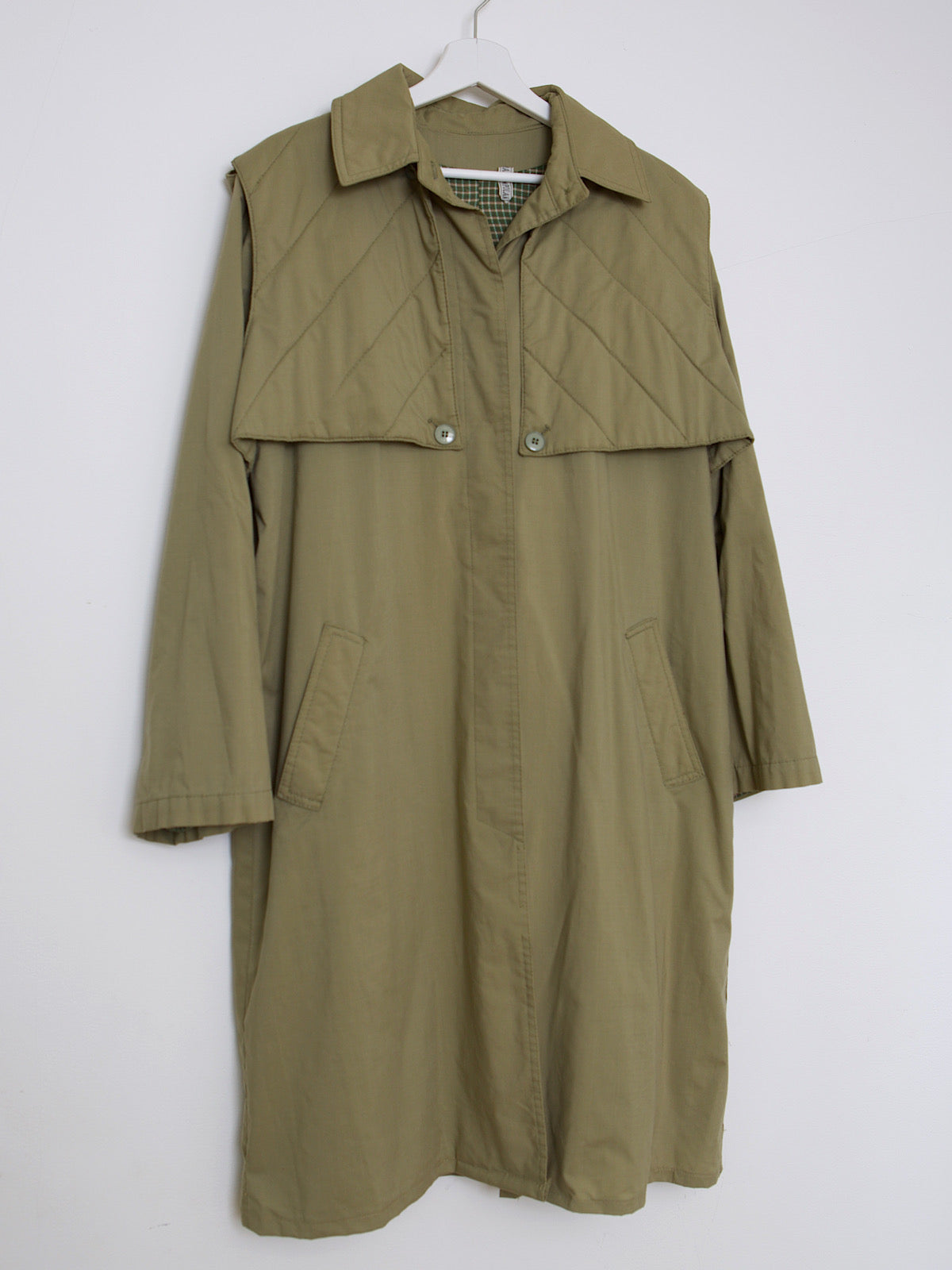 Vintage green single breasted trench coat  with a removable hood