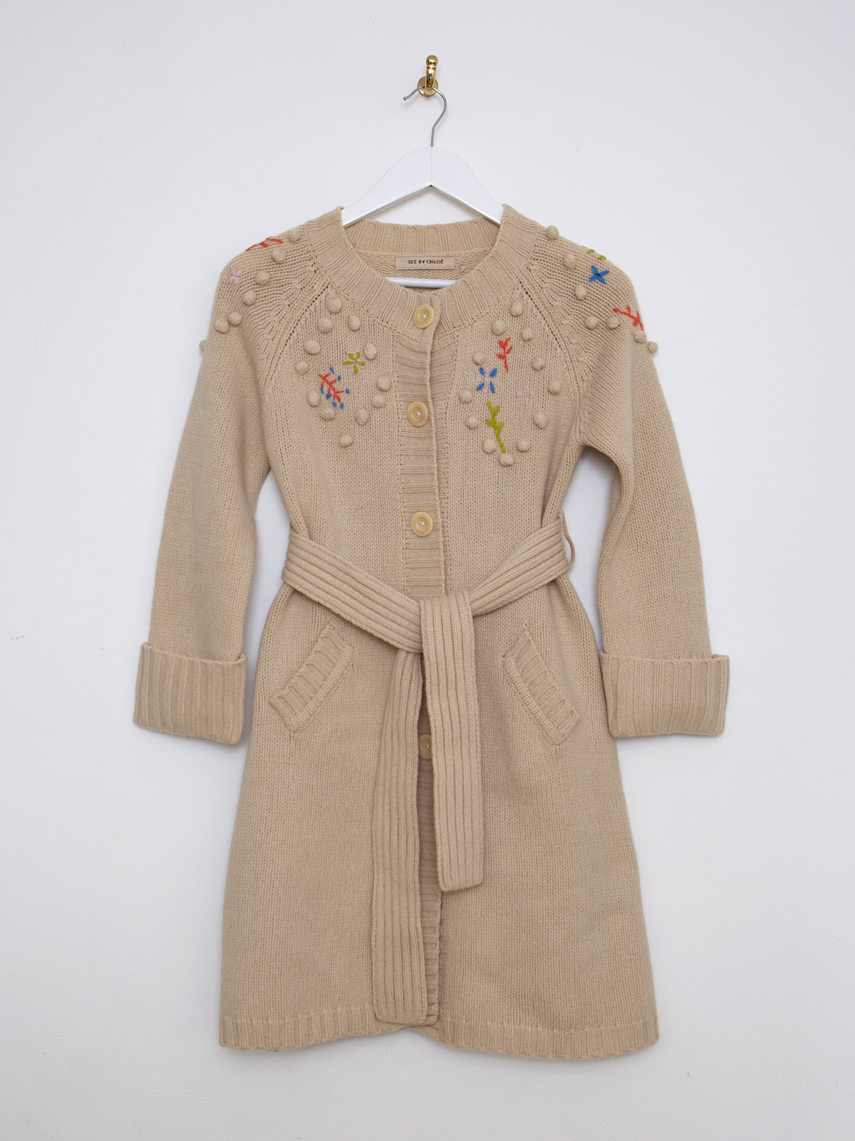 See by Chloe wool belted cardigan embroidered flowers