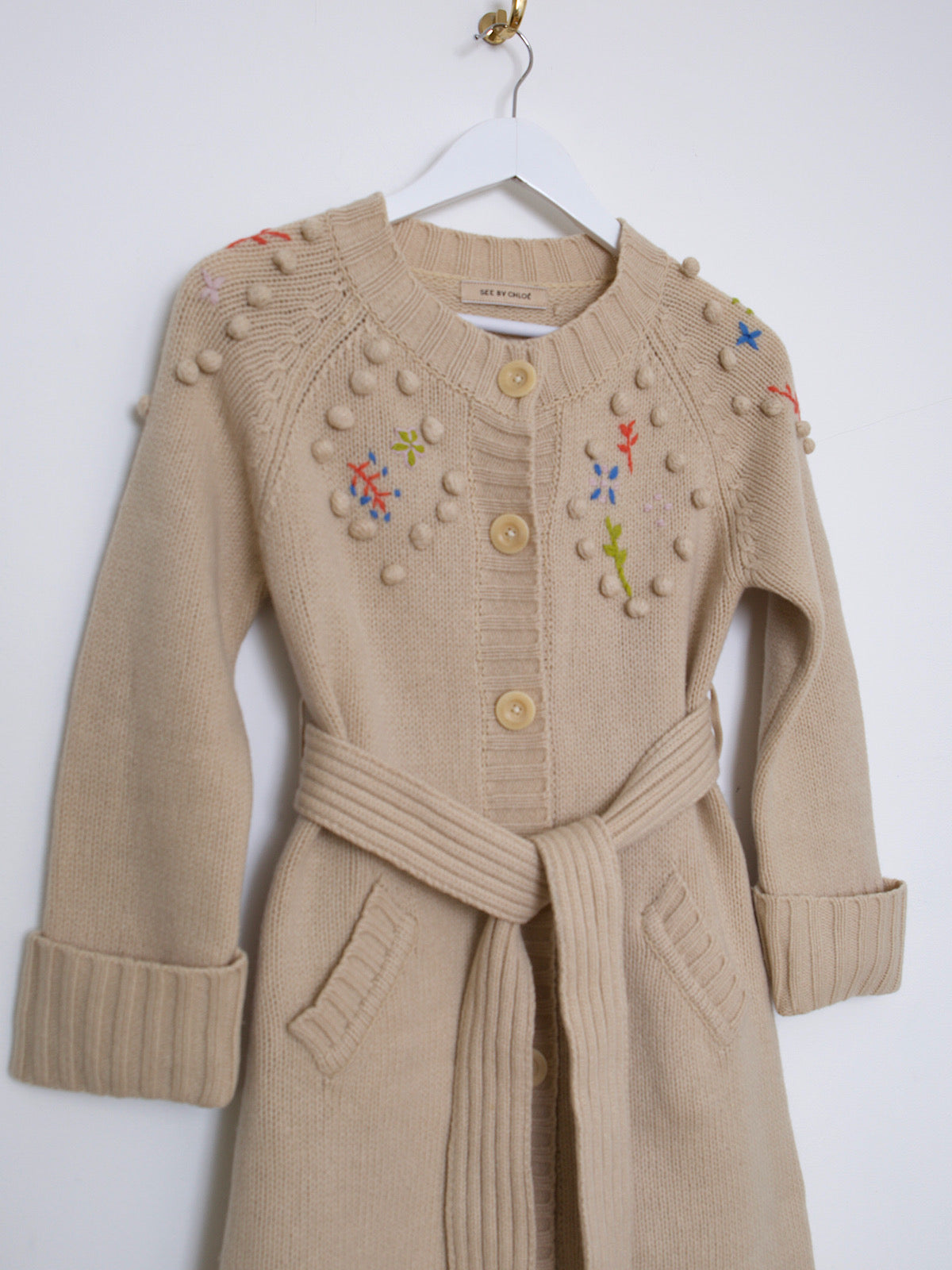 See by Chloe wool belted cardigan embroidered flowers