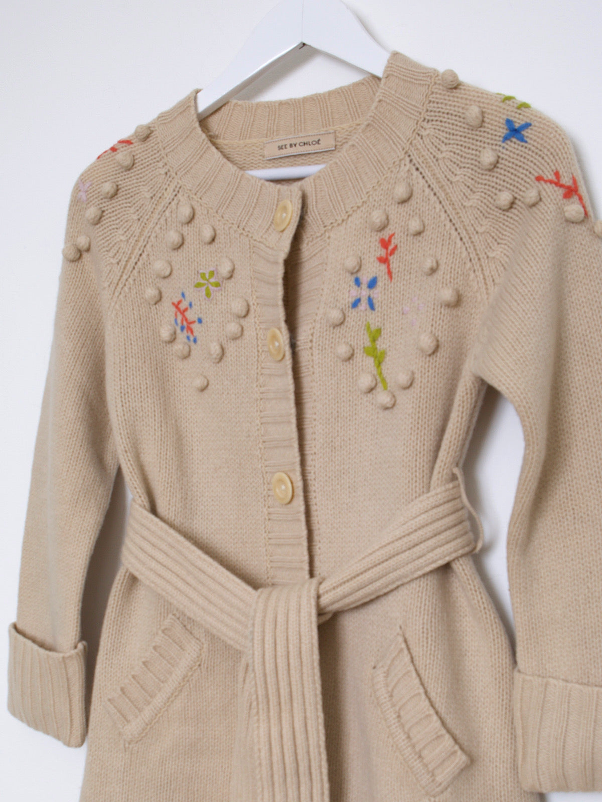 See by Chloe wool belted cardigan embroidered flowers