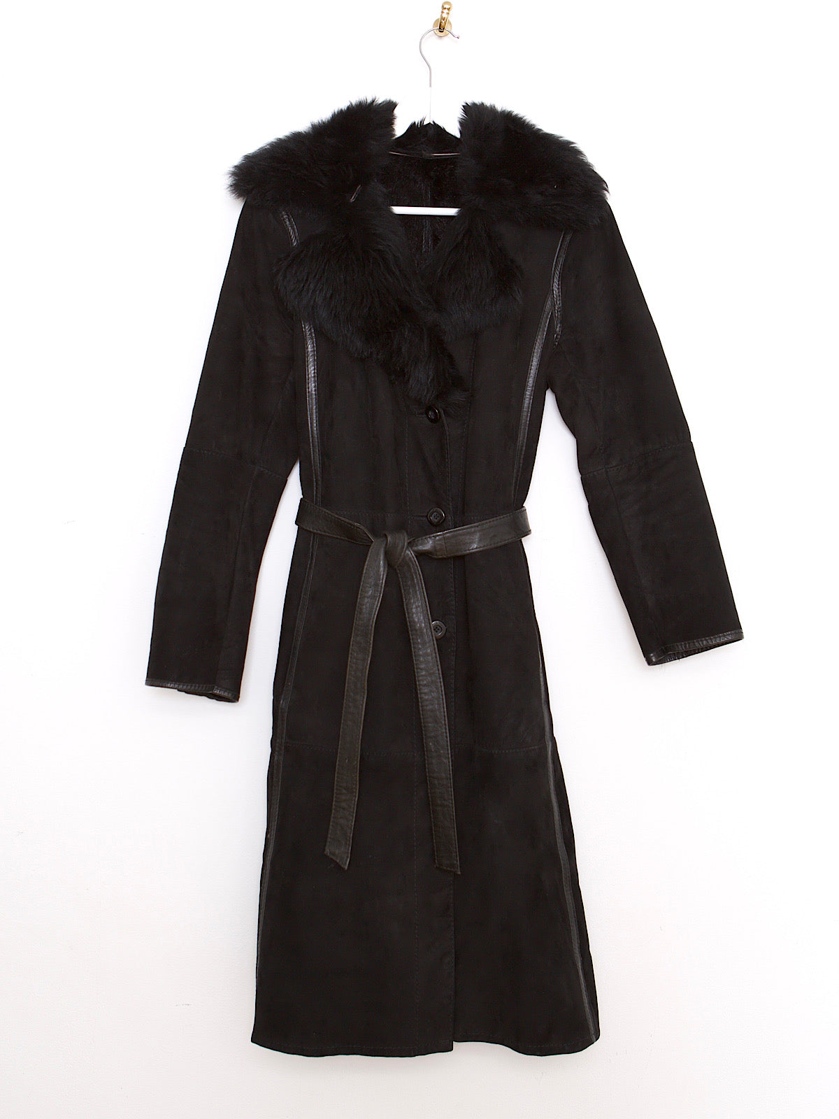 70s vintage black Penny Lane coat leather, suede & fur collar