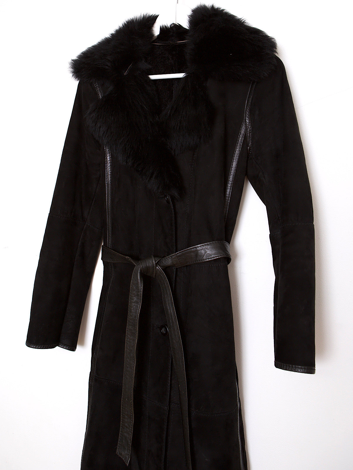 70s vintage black Penny Lane coat leather, suede & fur collar