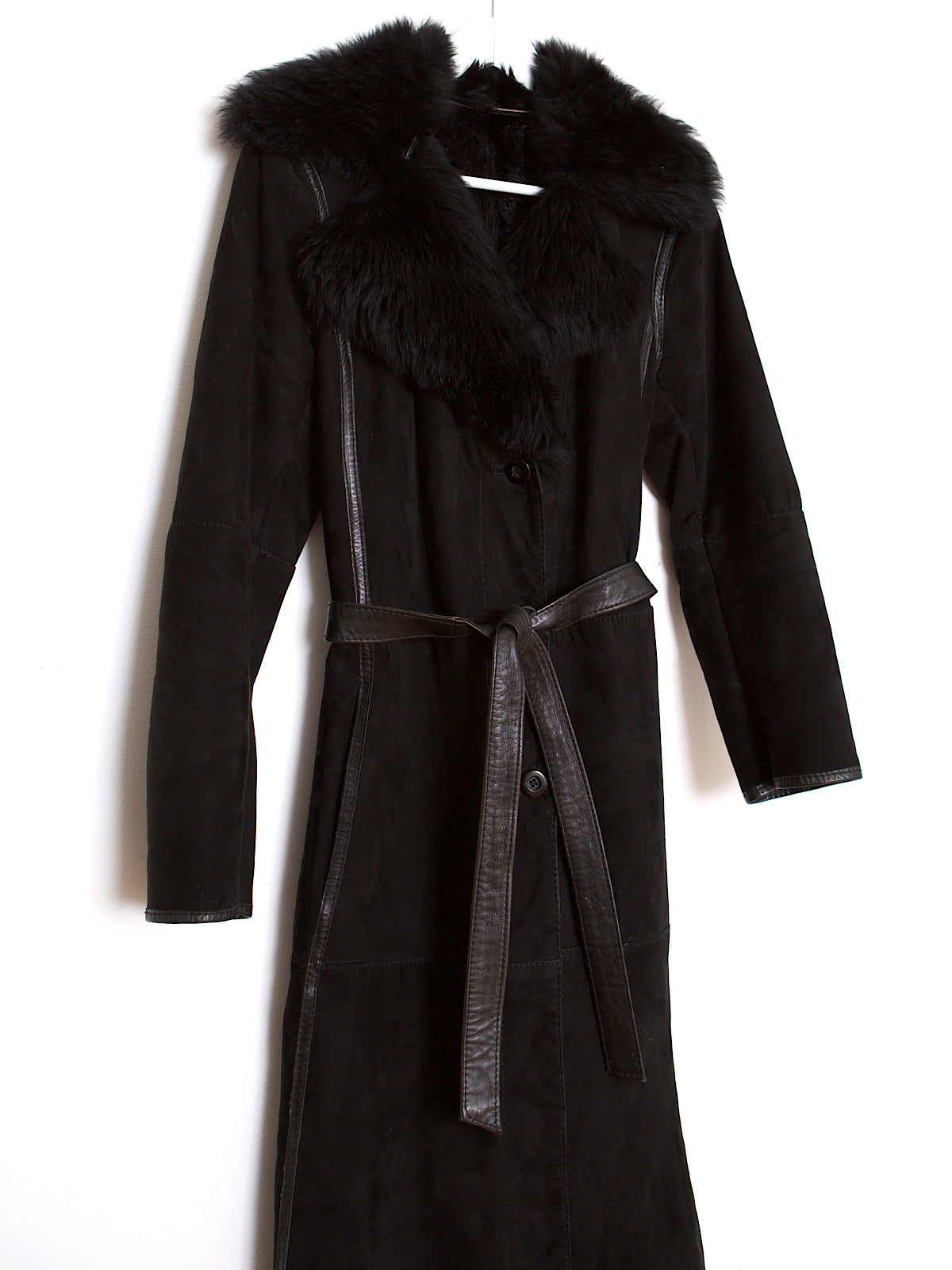 70s vintage black Penny Lane coat leather, suede & fur collar