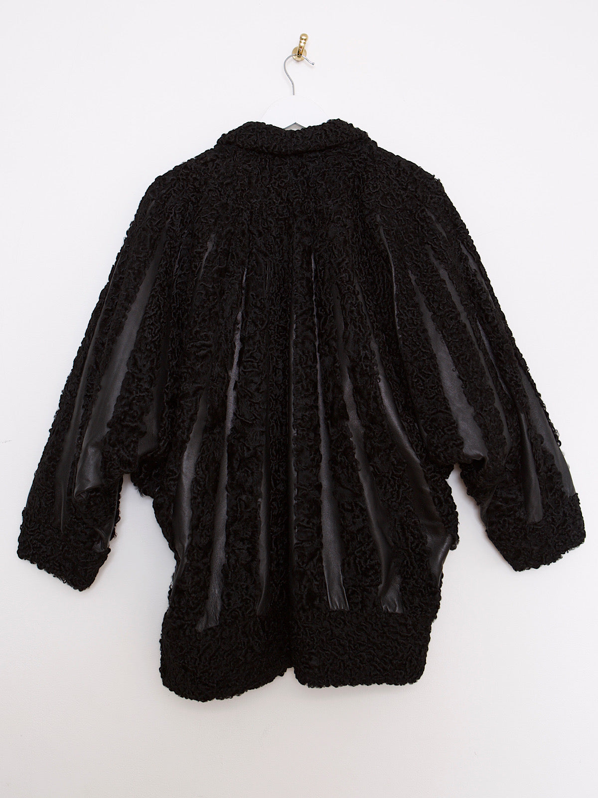 Rare 80s vintage Astrakan wool and leather coat batwing sleeves